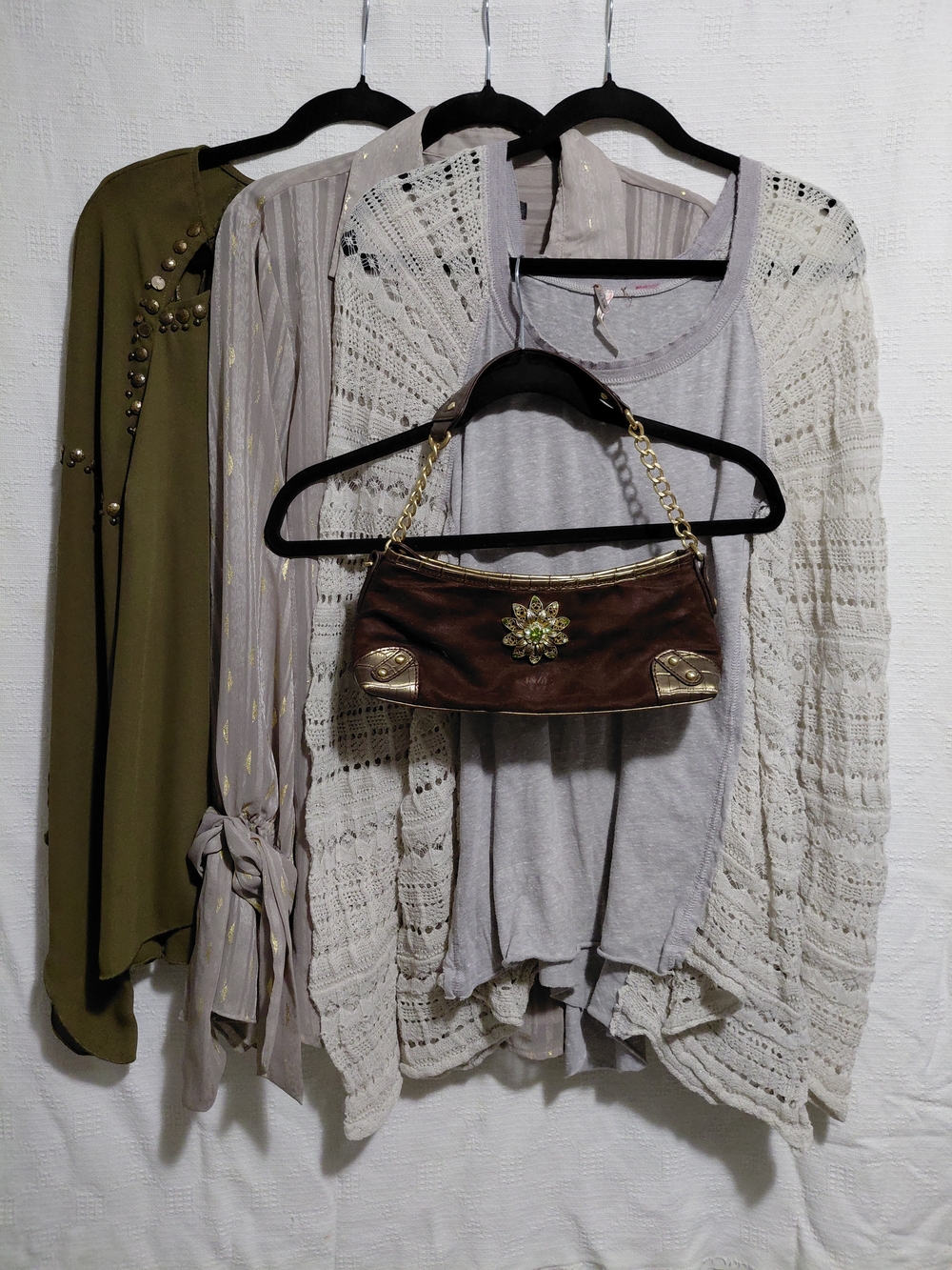 4ct Y2K Aesthetic Sheer Blouses + Rhinestone Faux Suede Purse Shoulder Bag